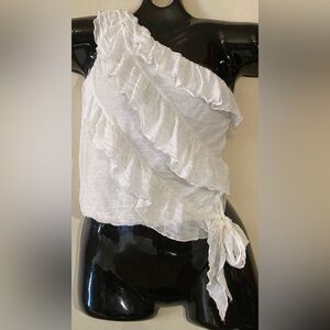 One Shoulder Frilly White Lace Top With Bow Accent